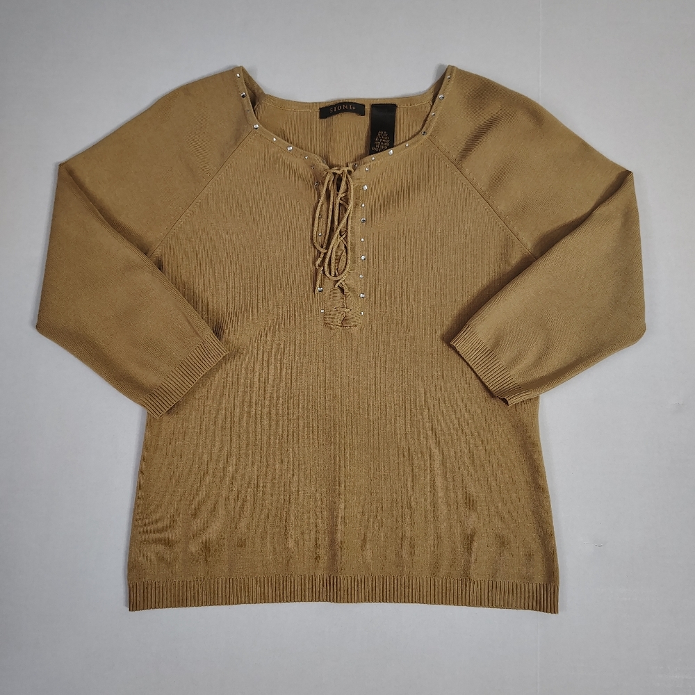 Sioni Tan Silk Blend Rhinestone 3/4 Sleeve with Lace-Up Shirt Women's Medium